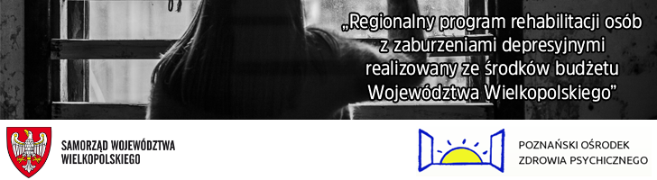 Grafika informacyjna: Regionalny program rehabilitacji osób z zaburzeniami depresyjnymi realizowany ze środków budżetu Województwa Wielkopolskiego